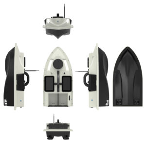 Лодка за захранка Flytec D19 в сив цвят – визуализирана отпред, отзад, отгоре и отдолу с ясно видими отделения, корпус и защита на витлата