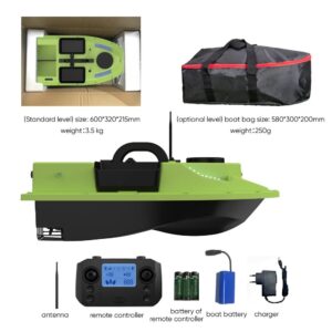 Лодка за захранка Flytec D19 показани аксесоари: дистанционно, батерия, зарядно, антена и преносима чанта – всичко необходимо за успешен риболов