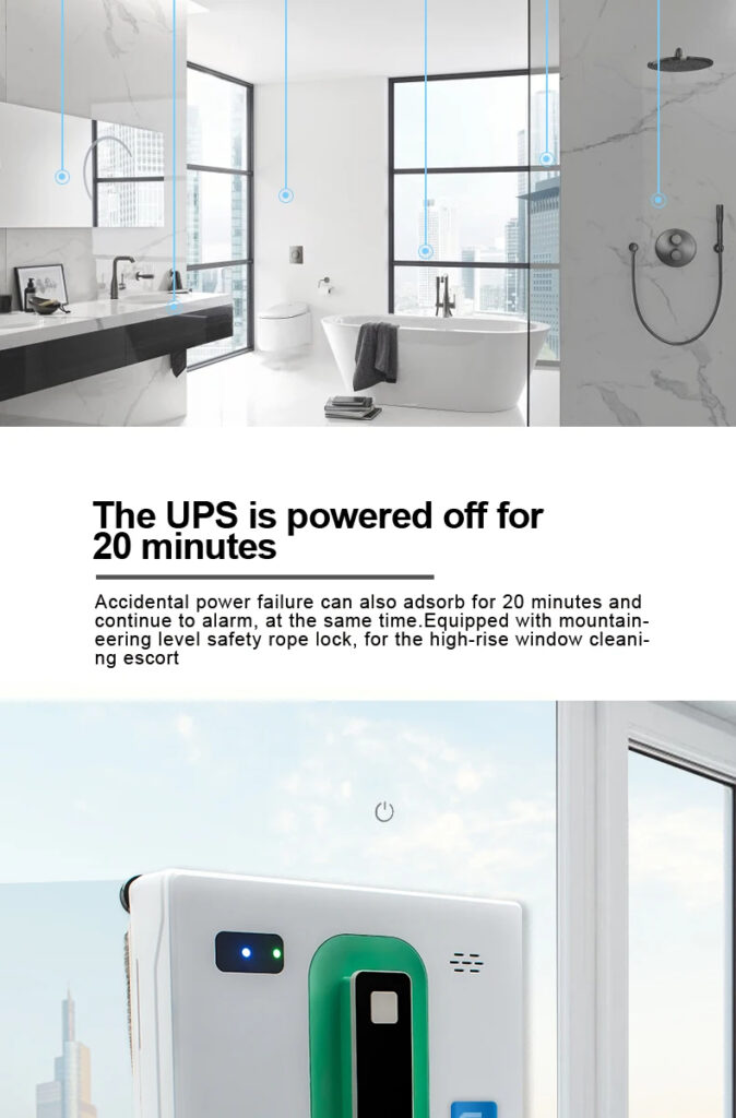 Робот за прозорци Puruikai HCR-21 със защитна система UPS и въже за безопасност – идеален за високи прозорци и плочки в банята.