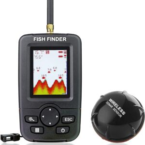 Дисплей и сензор на безжичен сонар за риболов Fish Finder XJ01B – показване на риба, дъно и температура