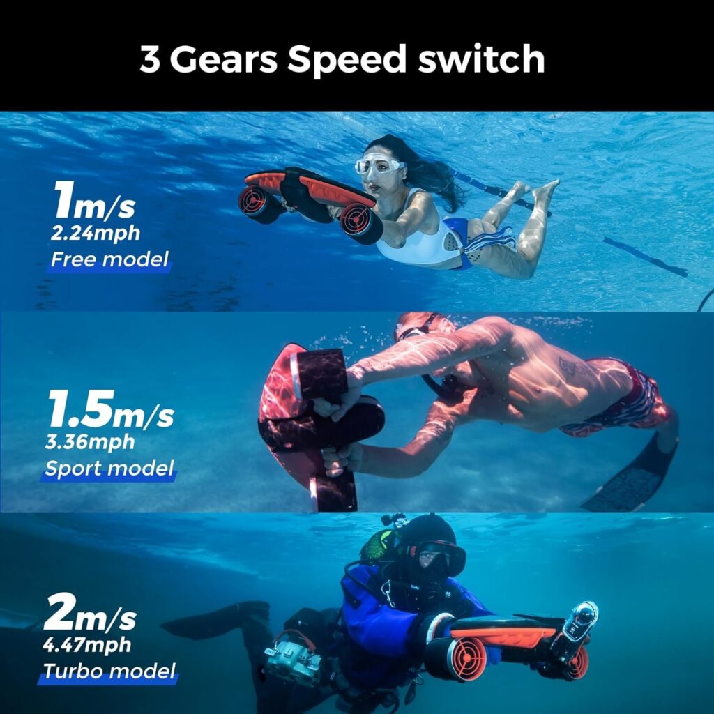 Подводен скутер Navbow с избор между три режима – Free, Sport и Turbo, със съответната скорост в m/s и mph