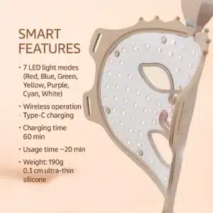 LED маска за лице UBilli, 7-цветна светлина терапия, 80 диода, 240 светлинни лъча, Силиконов дизайн, Подходяща за всички типове кожа, Бежова 18 LED маска за лице UBilli – 7 LED режима, безжична работа и зареждане с Type-C