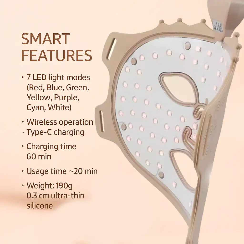 LED маска за лице UBilli, 7-цветна светлина терапия, 80 диода, 240 светлинни лъча, Силиконов дизайн, Подходяща за всички типове кожа, Бежова 4 LED маска за лице UBilli – 7 LED режима, безжична работа и зареждане с Type-C