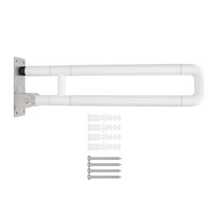 Помощна дръжка за баня / тоалетна, Сгъваема на 90°, Неръждаема стомана, Подходяща за възрастни и хора с увреждания, Бяла 15 Помощна дръжка за баня / тоалетна с включени дюбели и винтове за монтаж