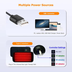 Терапевтичен колан с LED червена и близка инфрачервена светлина - USB захранване и контролер с таймер