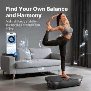 Виброплатформа MERACH V33 Black поза за баланс върху платформата с показан телефон и Bluetooth символ