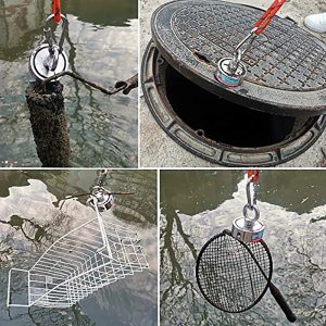 Двустранен неодимов магнит за риболов Matanto KNM48-2 и примери за изваждане на капак на шахта, метална количка и ракета за тенис от вода