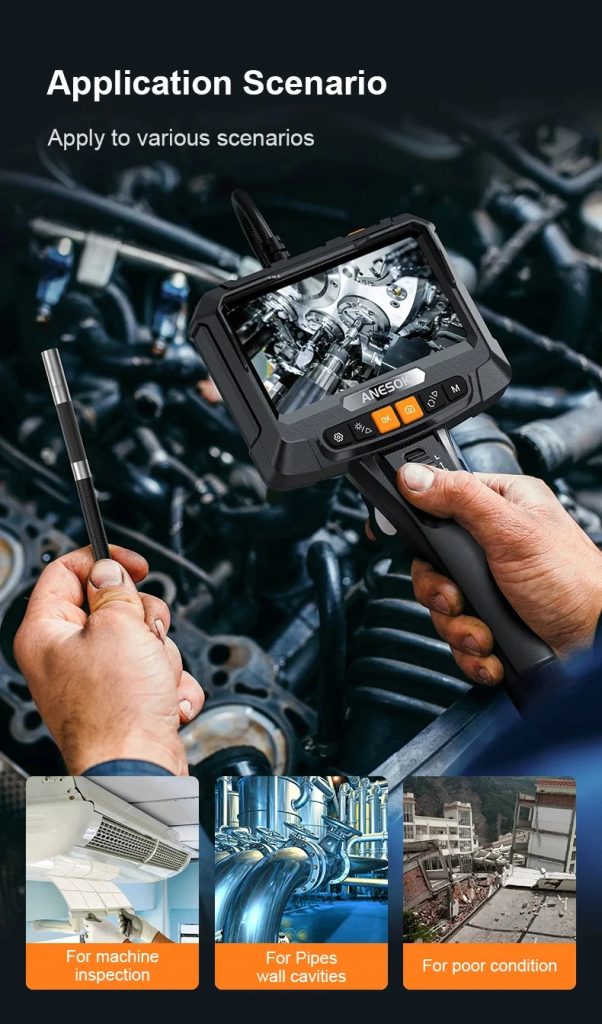 Ендоскопска камера INSKAM S10 в сцена за проверка на двигателен отсек, с примери за проверка на машини, тръби и труднодостъпни места