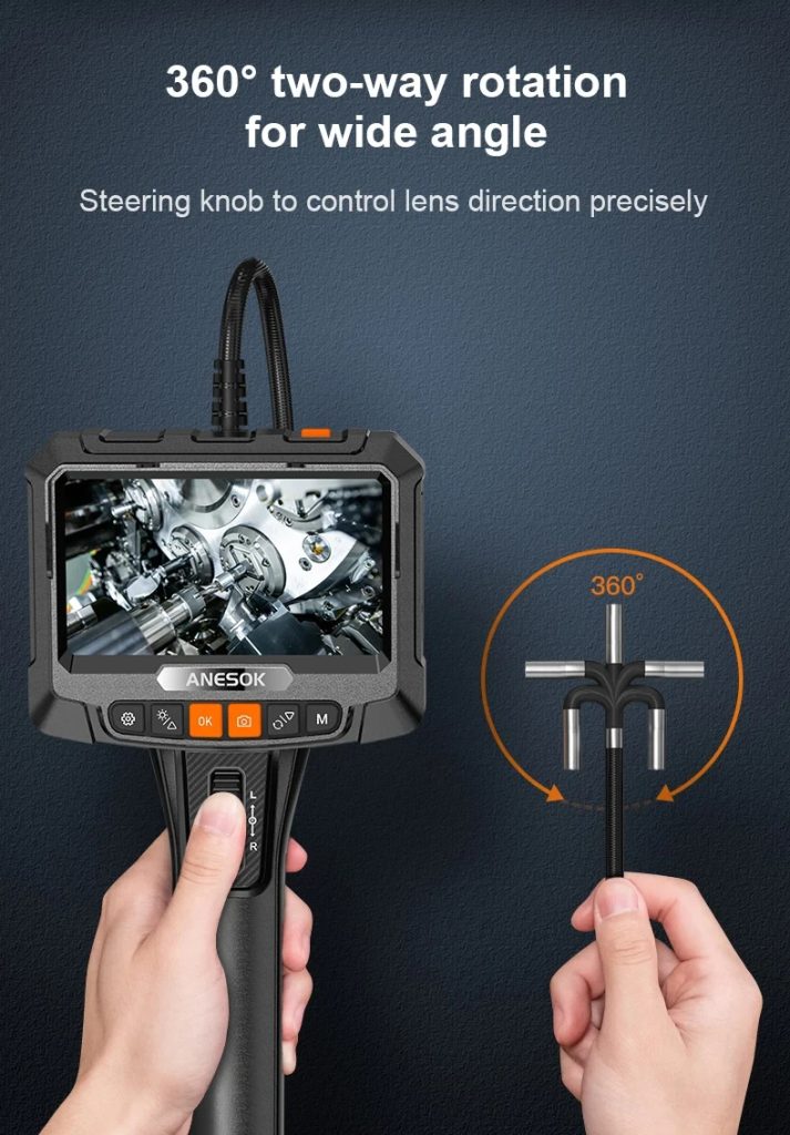 Ендоскопска камера INSKAM S10 и изображение на управление на въртене 360° в две посоки с показан ролер и върхът на камерата