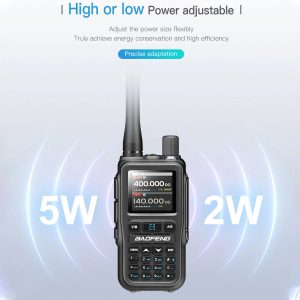 Мини Радиостанция Baofeng UV-5R преден изглед с обозначение за регулируема мощност 5W и 2W