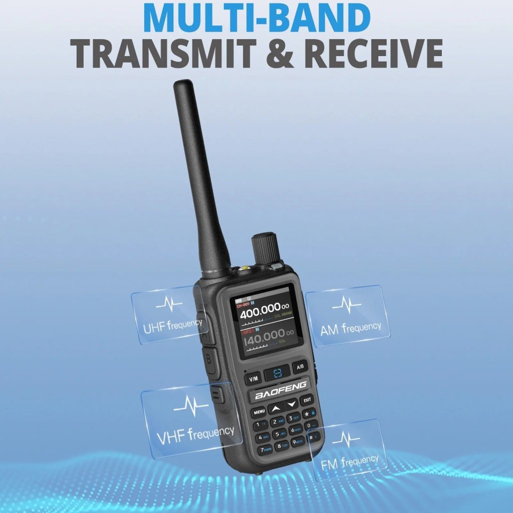 Мини Радиостанция Baofeng UV-5R визуализация на мултибанд приемане и предаване с обозначени VHF, UHF, FM и AM честоти