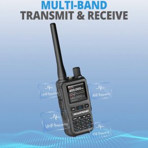 Мини Радиостанция Baofeng UV-5R визуализация на мултибанд приемане и предаване с обозначени VHF, UHF, FM и AM честоти