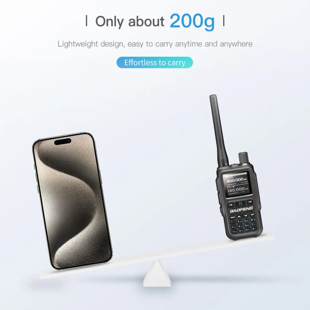 Мини Радиостанция Baofeng UV-5R сравнение на размер и тегло около 200 g до смартфон на балансираща дъска