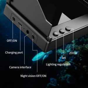 Подводна камера за риболов DDCAMERA F012 PLUS и схема на бутоните с OFF/ON, charging port, camera interface, night vision OFF/ON, lighting regulation, set и zoom