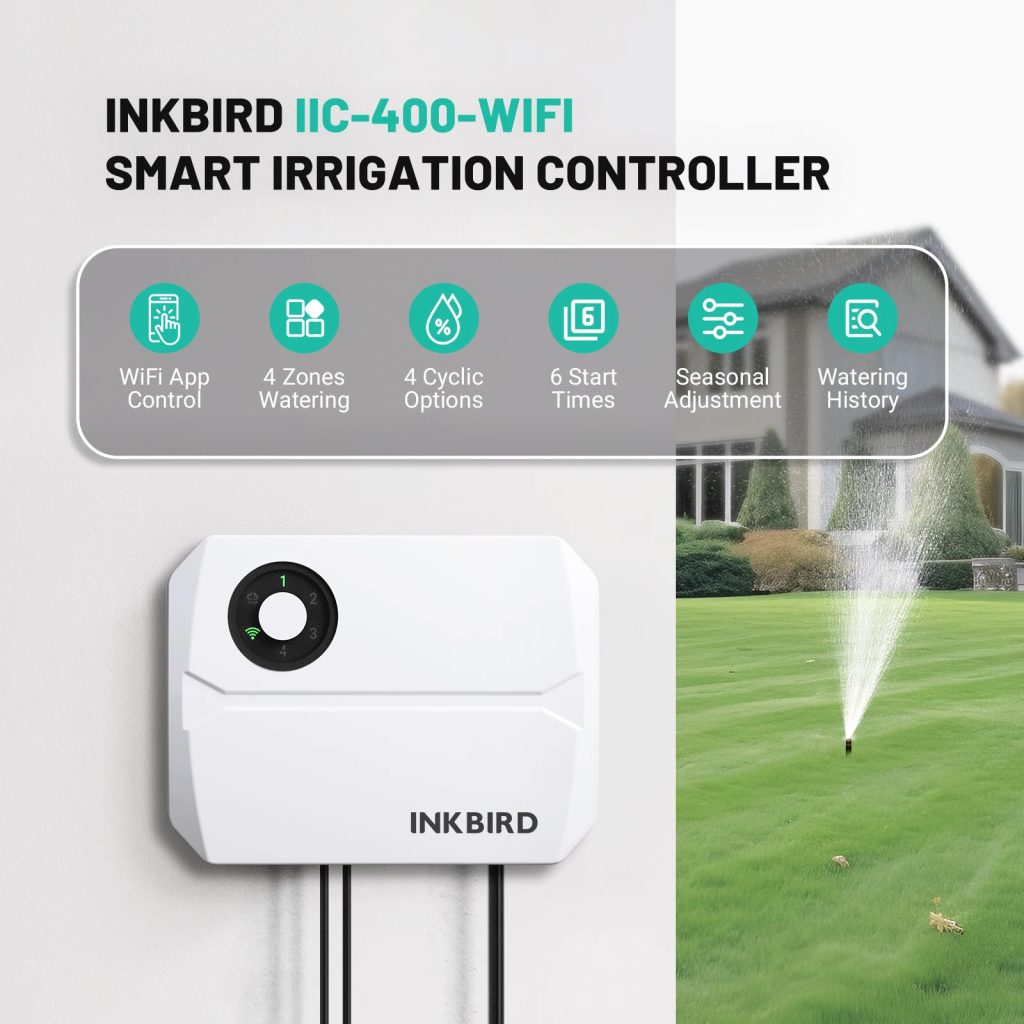 Програматор за поливане INKBIRD IIC-400-WIFI и изображение на контролера с изписани функции и икони за WiFi управление, 4 зони и сезонна корекция
