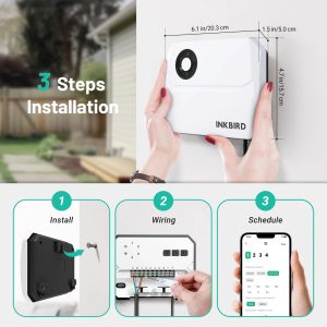 Програматор за поливане INKBIRD IIC-400-WIFI и схема „3 Steps Installation“ с монтаж на стенa, окабеляване към клеми и настройка на график през телефон