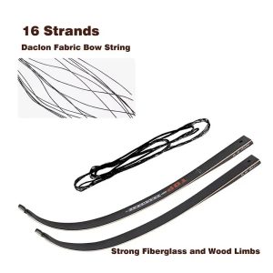 Спортен лък Toparchery Archery Recurve Bow и снимка на тетива и две рамена на бял фон с текст 16 Strands