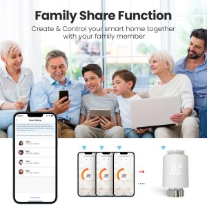 Термоглава за радиатор AVATTO TRV06 и family share функция, показано споделяне на управление през няколко телефона