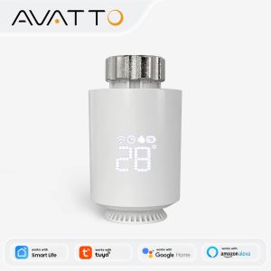 Термоглава за радиатор AVATTO TRV06 и лого AVATTO, показана съвместимост със Smart Life, Tuya, Google Home и Amazon Alexa