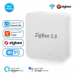 Tuya Zigbee 3.0 Gateway Hub и лога на поддържаните платформи Tuya Smart, Smart Life и Wi-Fi свързаност