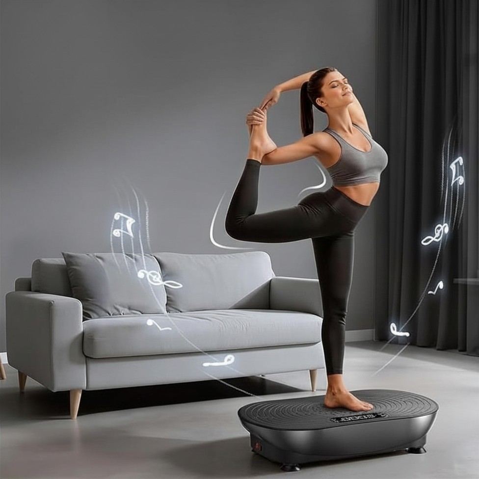 Жена тренира баланс и гъвкавост върху вибрационна платформа у дома, изпълнявайки йога поза