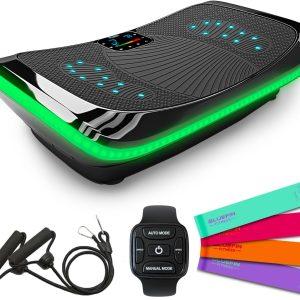 4D Вибрираща платформа Bluefin Triple Motor със светещи зелени LED ленти по ръба, представена заедно със съпротивителни въжета с ръкохватки, дистанционно тип часовник и четири цветни тренировъчни ластика.