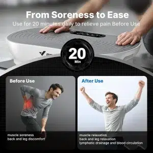 Виброплатформа MERACH V33 White, 99 Скорости, Интензивност на вибрациите 8-14Hz, LED Touch Screen, Bluetooth, Домашен фитнес и лимфен дренаж 13 Виброплатформа MERACH V33 White инфографика с ръце върху платформата, обозначение 20 минути и сравнение преди и след употреба