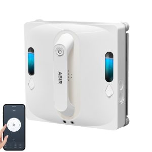 Робот за прозорци ABIR WD 9 на изчистен бял фон с два контейнера за вода и смартфон с отворено мобилно приложение за дистанционен контрол