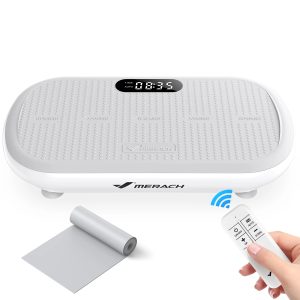 Вибрираща платформа Merach CV40 Gray, заснета под страничен ъгъл, показваща овалния дизайн на корпуса и стабилните долни крачета