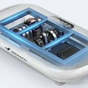 Вибрираща платформа Merach CV40 Gray, 200W мотор, 13 мм амплитуда на осцилация, 10 автоматични програми, Bluetooth високоговорители, Товароносимост до 200 кг 18 Прозрачен изглед, разкриващ мощните двигатели и вътрешната конструкция на сивата вибрираща платформа Merach CV40.