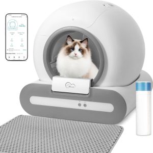 Самопочистваща се котешка тоалетна DOEL Ti+25 Smart с бяло-кафява котка със сини очи, седяща в кръглия отвор.
