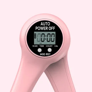Уред за стягане на вътрешната част на бедрата и тазово дъно MERACH MR-2397 Pink, LED брояч на повторения и калории, 360° ротация, 7.3 кг съпротивление, Тренажор за адуктори, Помощ при следродилно възстановяване, Розов 31 Уред за стягане на вътрешната част на бедрата и тазово дъно Merach MR-2397 Pink – близък план на LCD дисплея с бутони MOD и RST.
