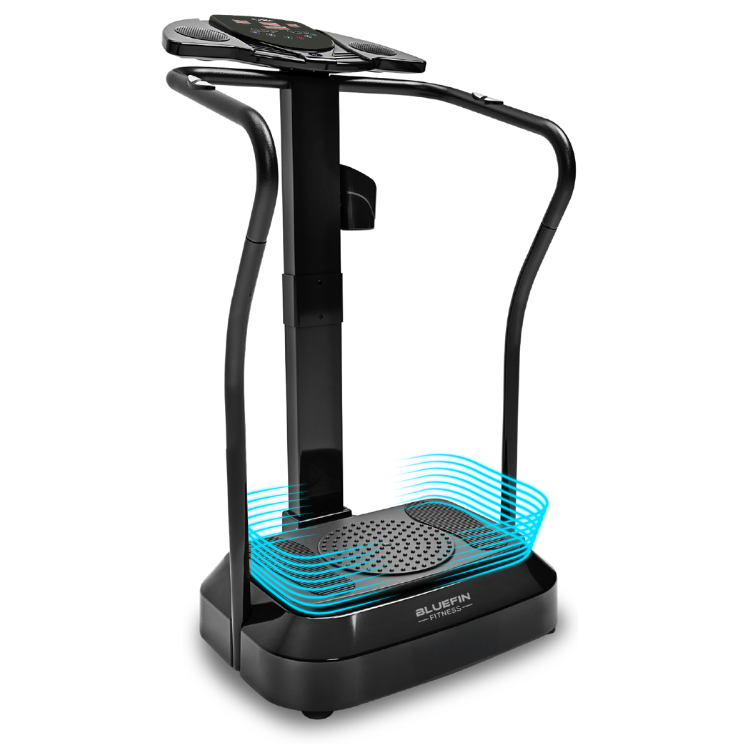 Вибрираща платформа Bluefin Fitness Pro, Вертикални вибрации 14.6 Hz, 500W безшумен мотор, 180 нива на интензивност, 10 автоматични програми, 360° въртяща се плоча, Сензори за калории и BMI, Ръкохватки за стабилност