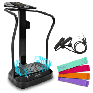 Вибрираща платформа Bluefin Fitness Pro, комплект с четири цветни ластика за съпротивление и ремъци с дръжки на бял фон.